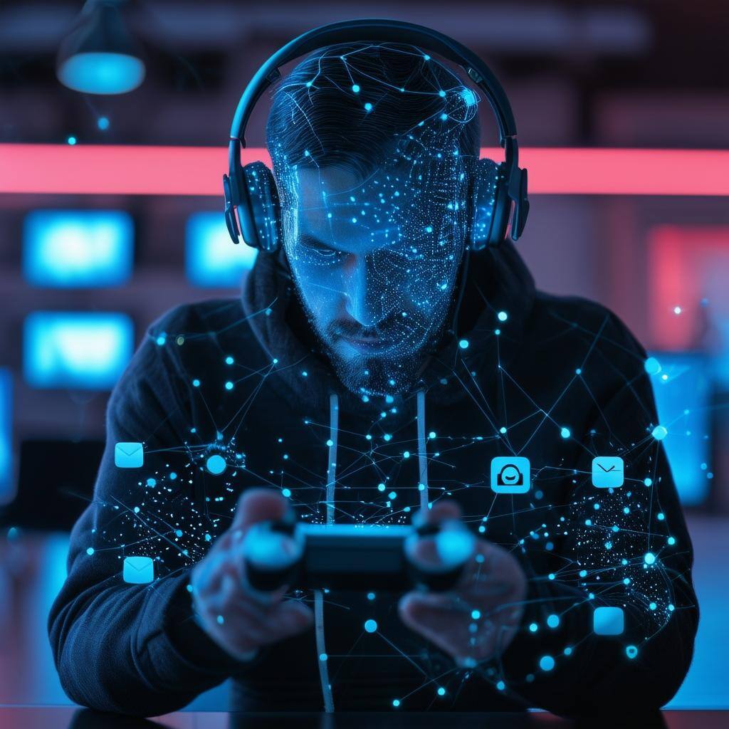 An image of a ai game master showing that he is listening and wants to contact someone aither by phone, email or social network